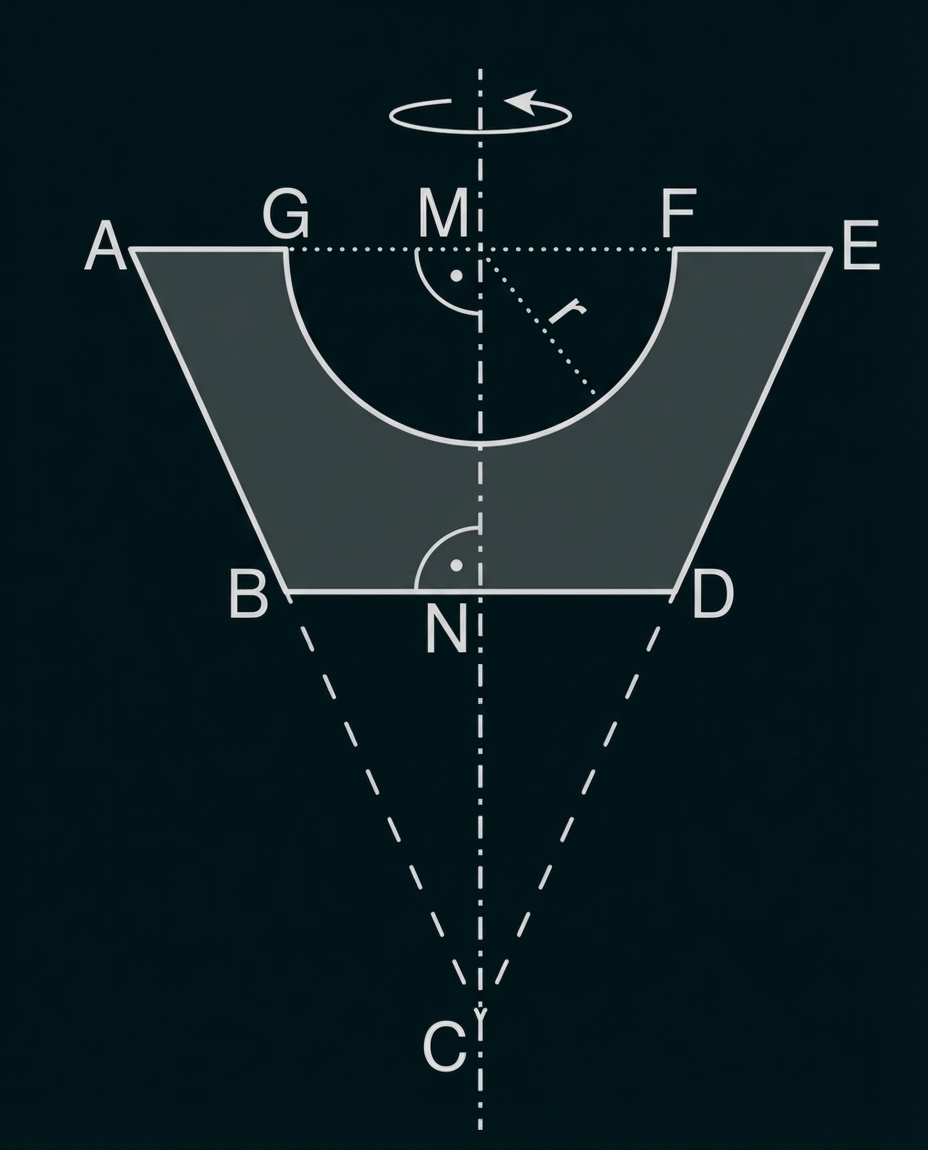 Geometrische Zeichnung: schattierter V-förmiger Bereich mit halbkreisförmiger Aussparung, Mittellinie und Beschriftungen